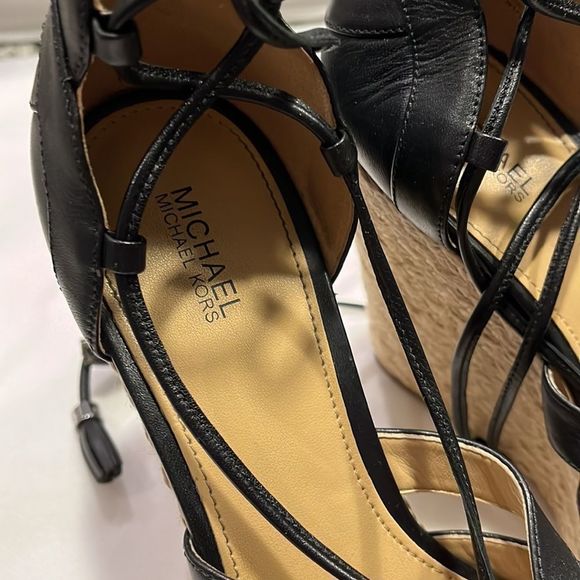 Michael Kors Leather Espadrille Lace Up Black Wedge Sandals size 9 - Picture 5 of 13